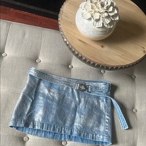 B Denim Blue Silver Metallic Structured Denim Mini Skirt Size Small